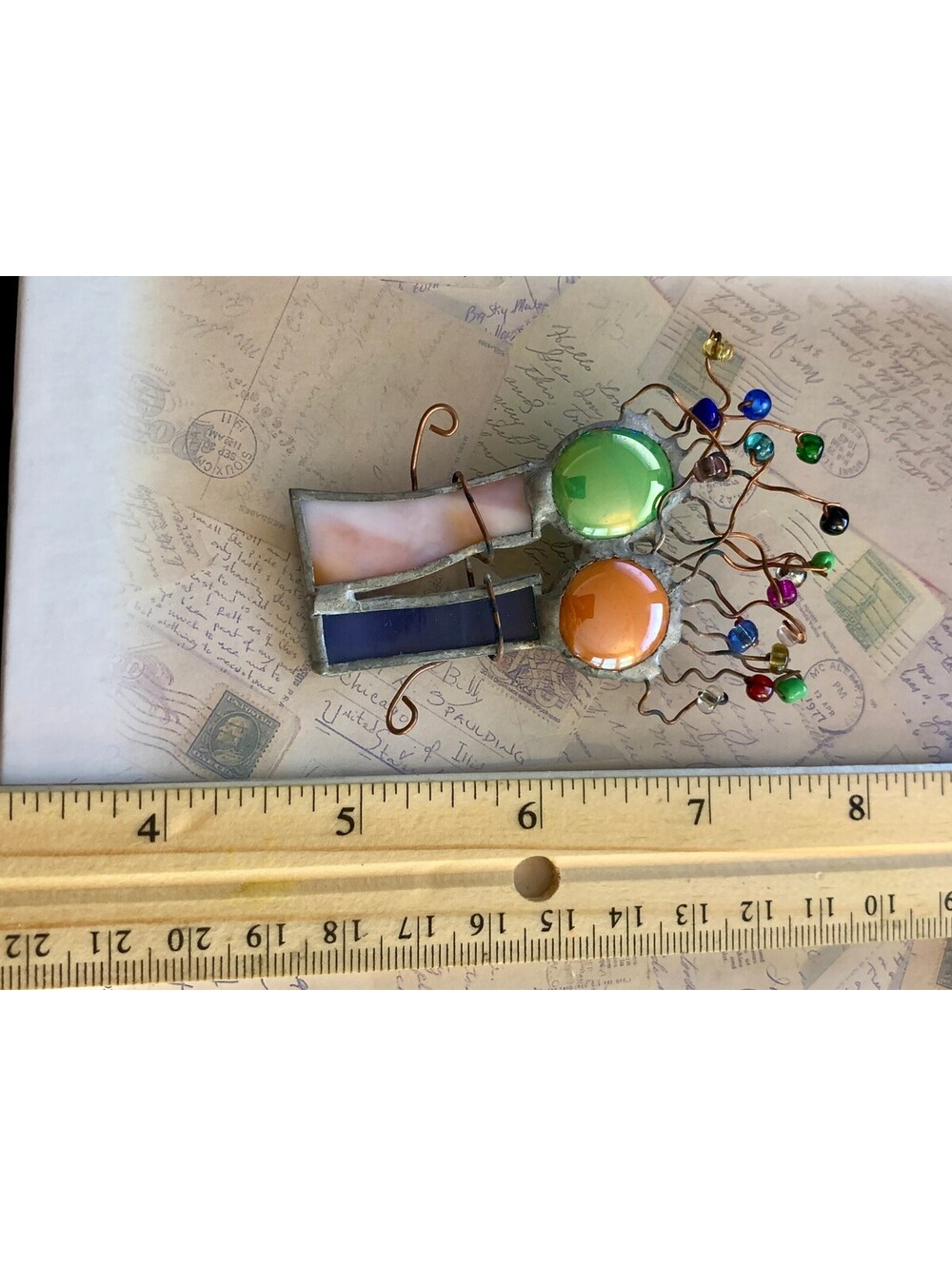 Vintage Contemporary Handmade Stained Glass Wire Abstract Figural Art Brooch Pin